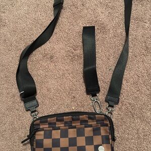 Women's Brown Checkerboard Wristlet Clutch with Adjustable Strap